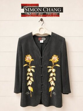 SIMON CHANG - Sunflower Print Jacket with Shoulder Pads - Size 8